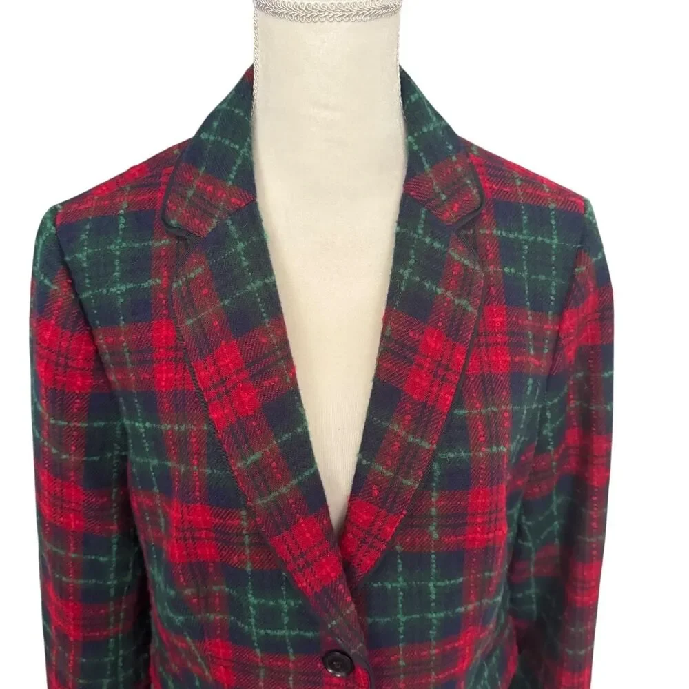 Talbots Blazer Womens 14 Red‎ Wool Plaid Aberdeen Dog Print Lined Holiday $169
